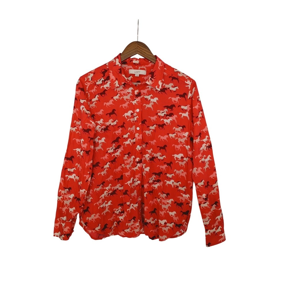 LOFT Red Horse Print 100% Cotton  Button Down Shirt Size M Long Sleeve - Picture 2 of 8